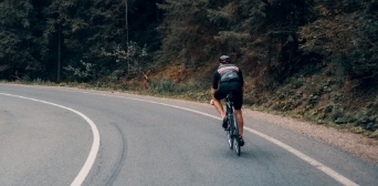 Person riding their bike on a road right next to a forest