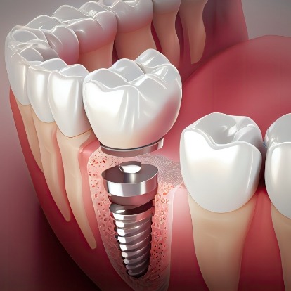 Illustrated dental implant with a crown replacing a missing tooth