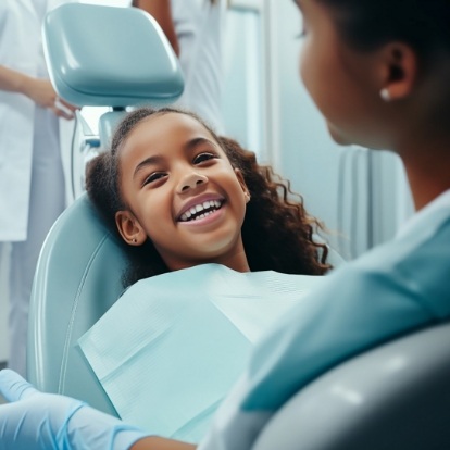 Young girl laughing in dental chair